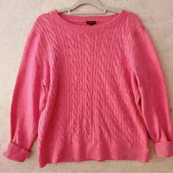 TALBOTS XL PINK SPECKLED  CABLE KNIT LIGHT AIRY PREPPY GIRLY PASTEL SOFT SWEATER - Picture 1 of 6